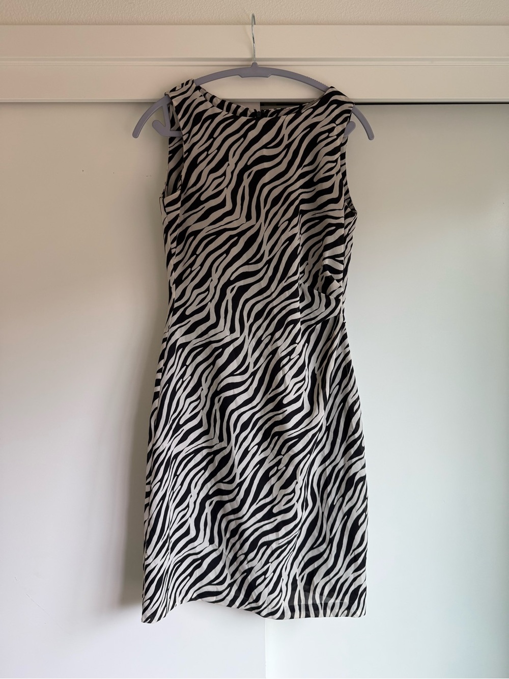 Vintage Sleeveless 90’s Zebra Print Sheath Dress w/ Ruched Waist, Animal Print